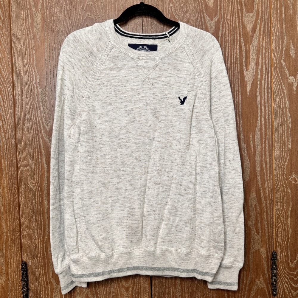 American Eagle Mens L Oatmeal Heather Gray Cotton Raglan Crewneck Knit Sweater